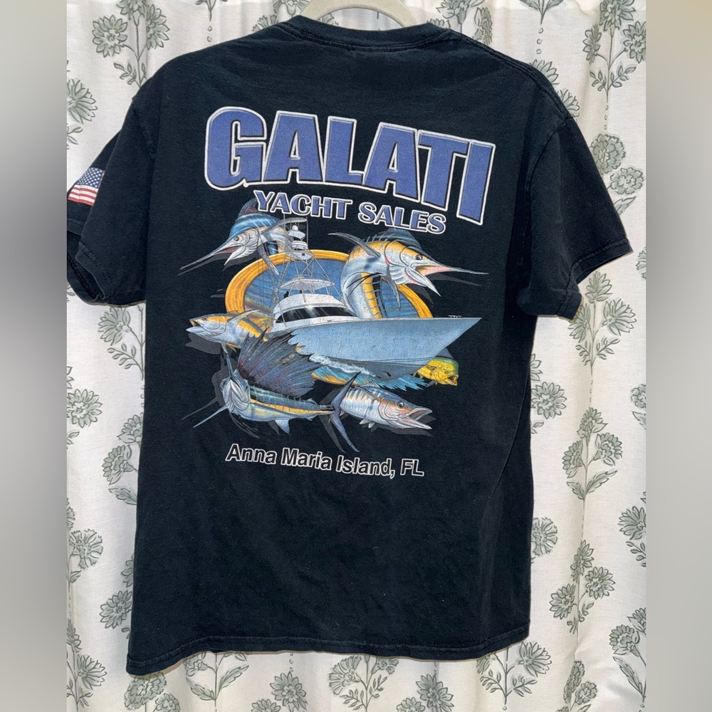 Gildan Black "Galati Yacht Sales" Graphic Tee with Blue and Yellow Boat Design